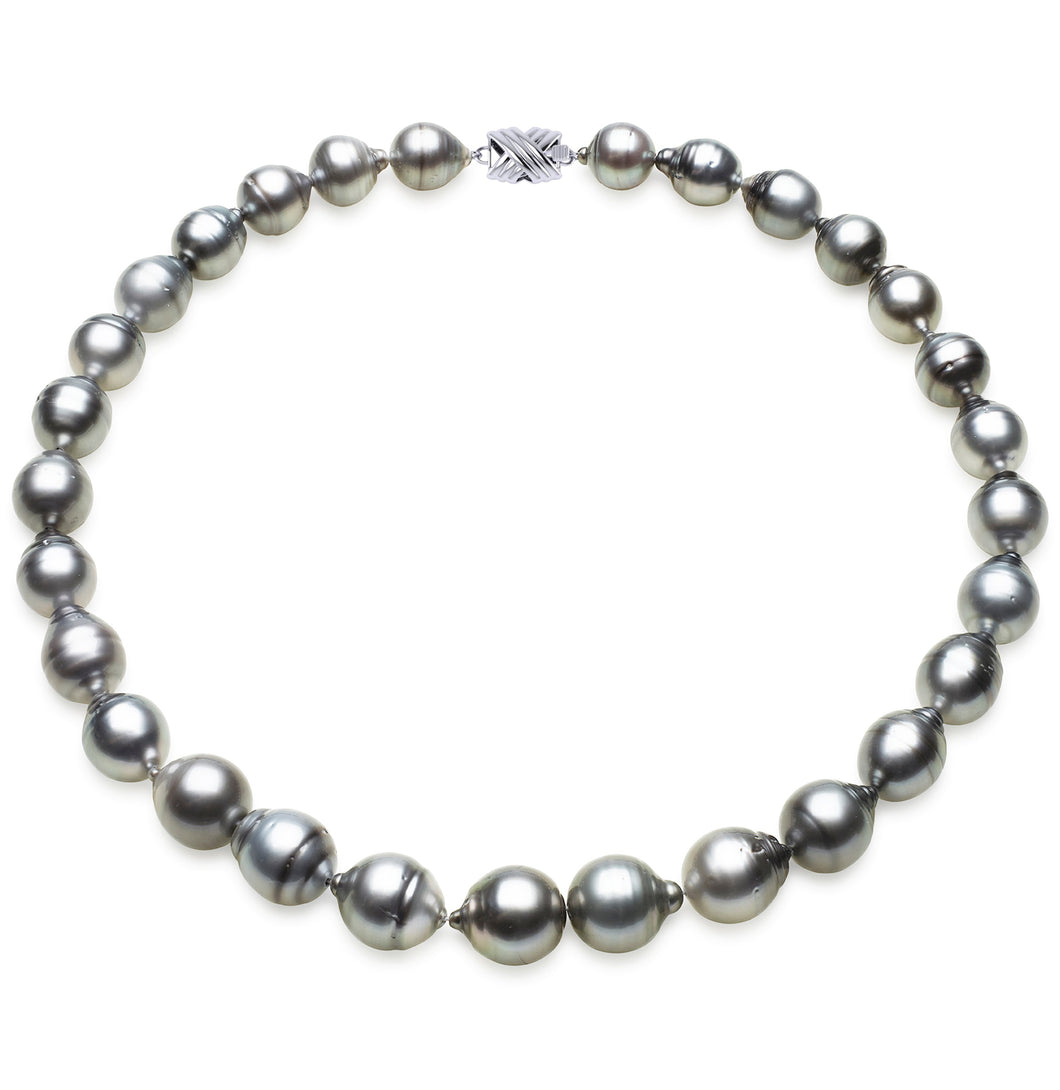 11 x 13mm Baroque True AAA Quality Grey Saltwater Cultured Pearl Necklace from French Polynesia with a Silver Clasp