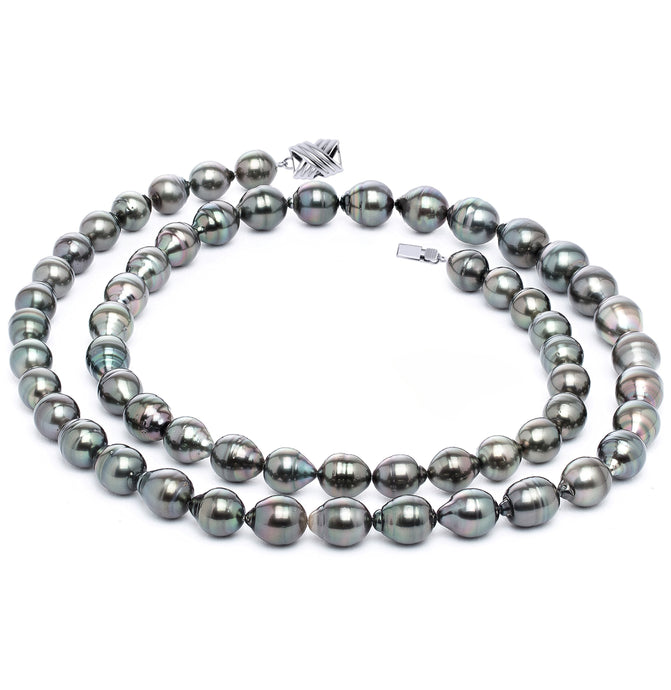 11 x 13mm Baroque True AAA Quality Dark Black Green Saltwater Cultured Pearl Necklace from French Polynesia with a Silver Clasp 32 Inches