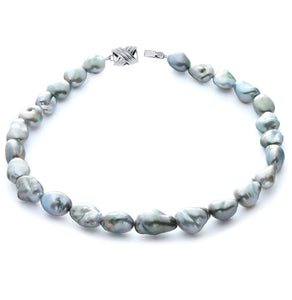 11 x 14mm Baroque True AAA Quality Grey Saltwater Cultured Pearl Necklace from French Polynesia with a Silver Clasp