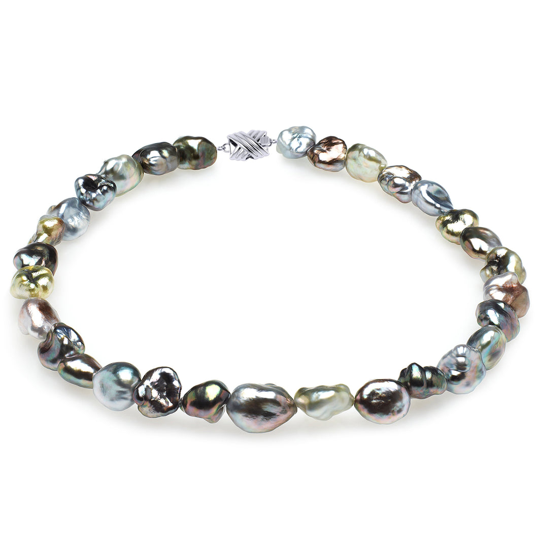 11mm Baroque True AAA Quality Multicolor Saltwater Keshi Pearl Necklace from French Polynesia with a Silver Clasp