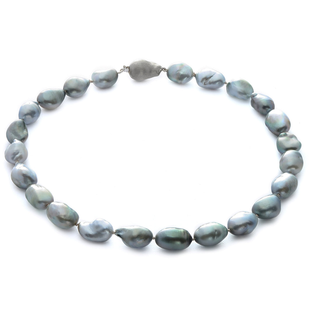 12 x 13.5mm Baroque True AAA Quality Grey Saltwater Cultured Pearl Necklace from French Polynesia with a Silver Clasp