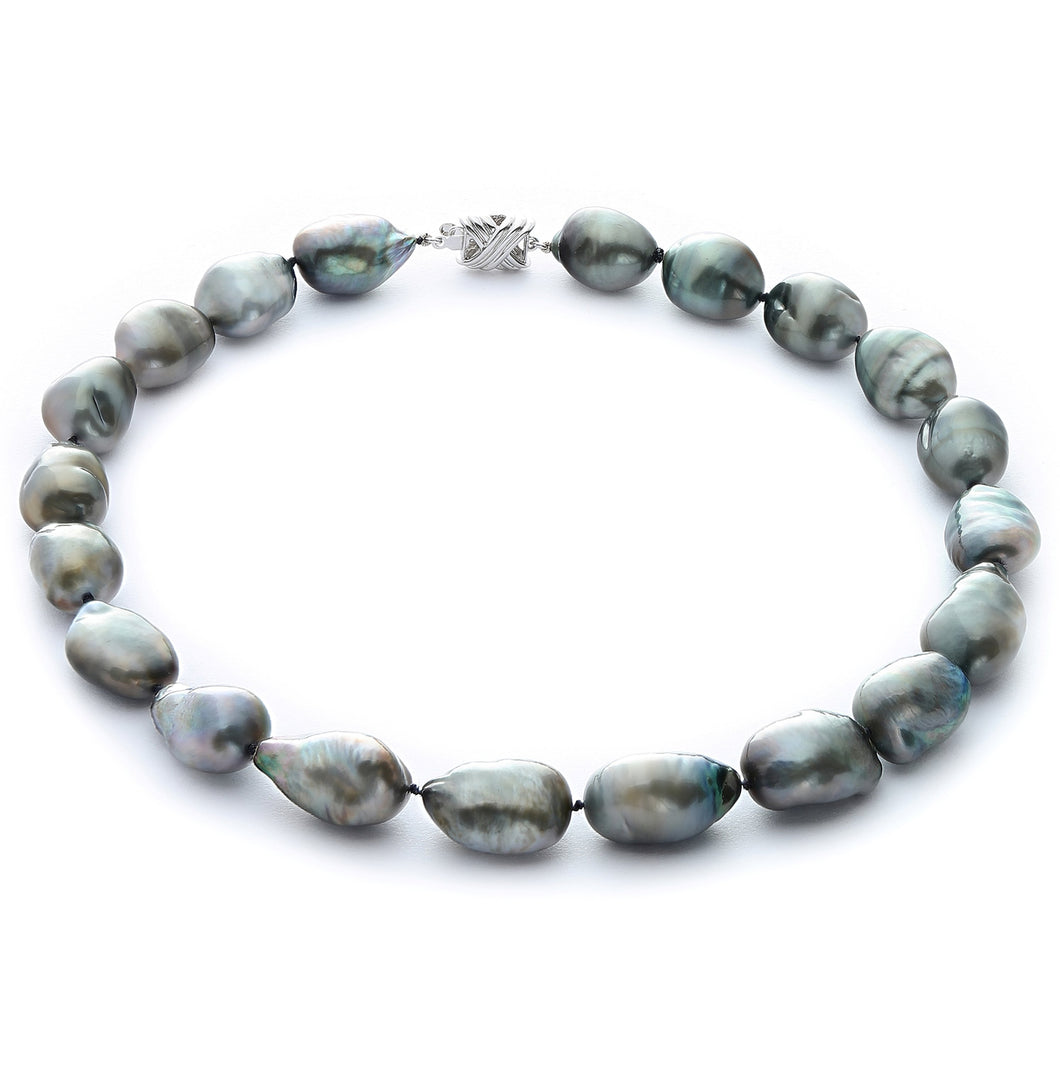 12 x 13.5mm Baroque True AAA Quality Grey Saltwater Cultured Pearl Necklace from French Polynesia with a Silver Clasp