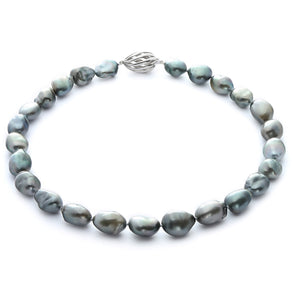 12 x 15mm Baroque True AAA Quality Dark Grey Saltwater Cultured Pearl Necklace from French Polynesia with a Silver Clasp