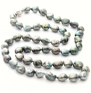 12 x 13mm Baroque True AAA Quality Black Green Saltwater Cultured Pearl Necklace from French Polynesia with a Silver Clasp 32 Inches