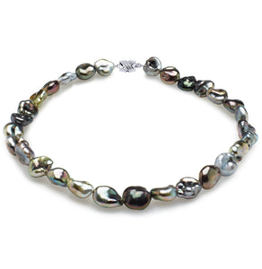 12mm Baroque True AAA Quality Multicolor Saltwater Keshi Pearl Necklace from French Polynesia with a Silver Clasp