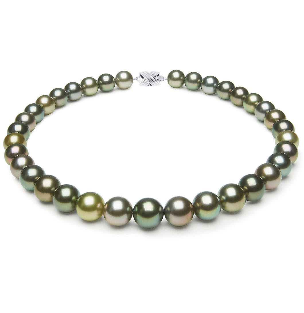 12 x 12.5mm Round True AAA Quality Multicolor Saltwater Cultured Pearl Necklace from French Polynesia with a Silver Clasp