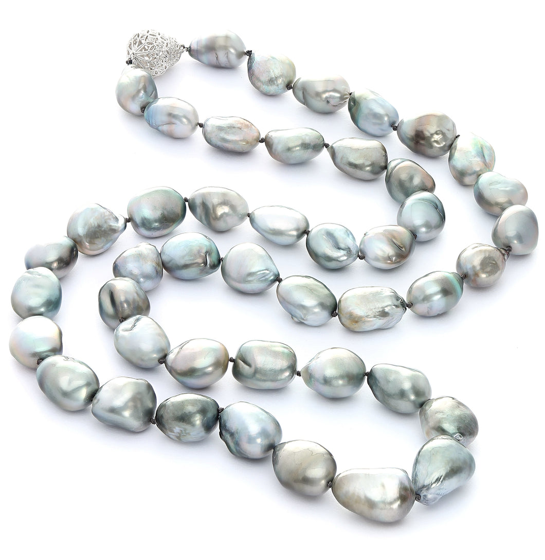 14 x 16mm Baroque True AAA Quality Grey Saltwater Cultured Pearl Necklace from French Polynesia with a Silver Clasp