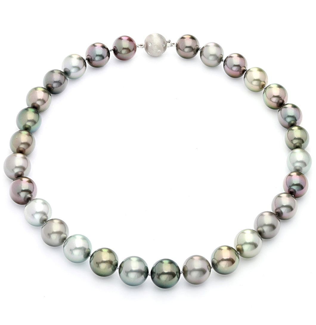 13 x 15mm Round True AAA Quality Multicolor Saltwater Cultured Pearl Necklace from French Polynesia with a Silver Clasp
