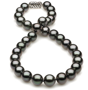 12 x 13.5mm Round AAA Quality Dark Black Saltwater Cultured Pearl Necklace from French Polynesia with a Silver Clasp